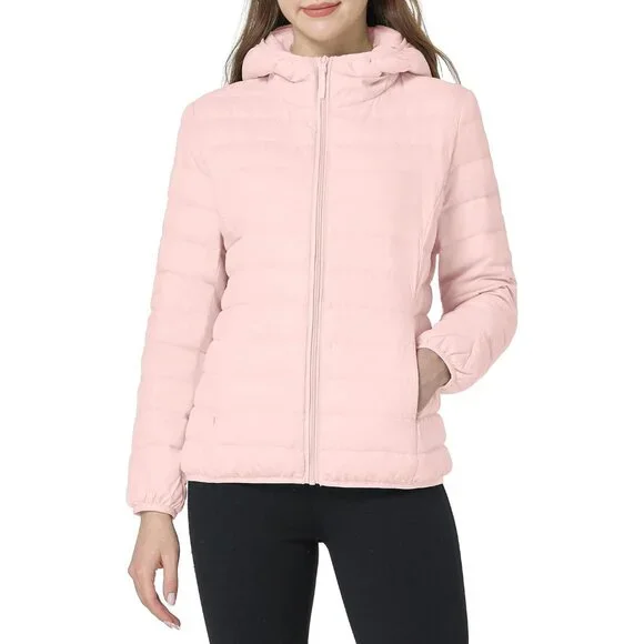 Women's Light Pink Short Down Hooded Puffer Jacket Coat Fabric Packable Ultra